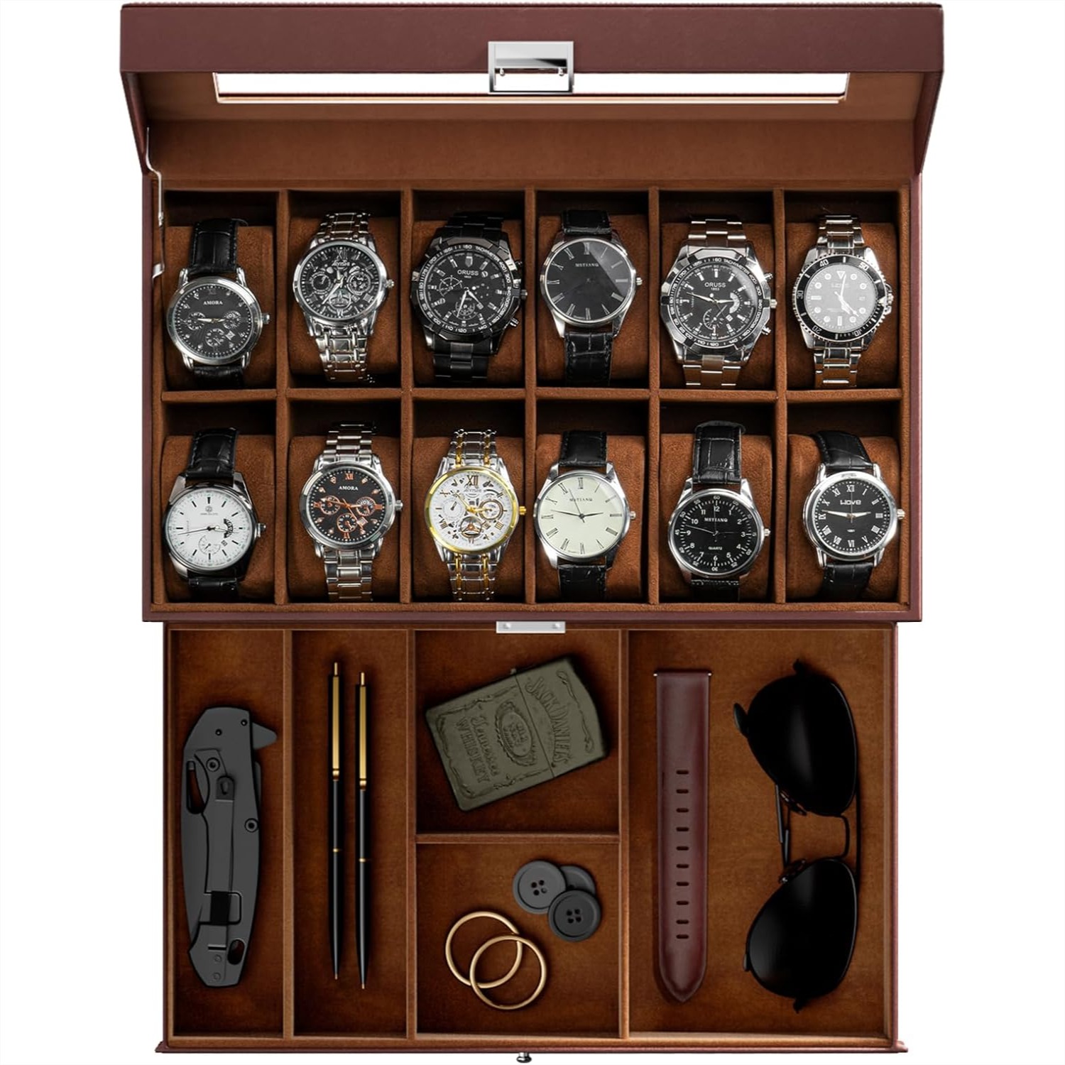 Jewelry Watches For Men - 12 Slot Watch Box with Drawer,