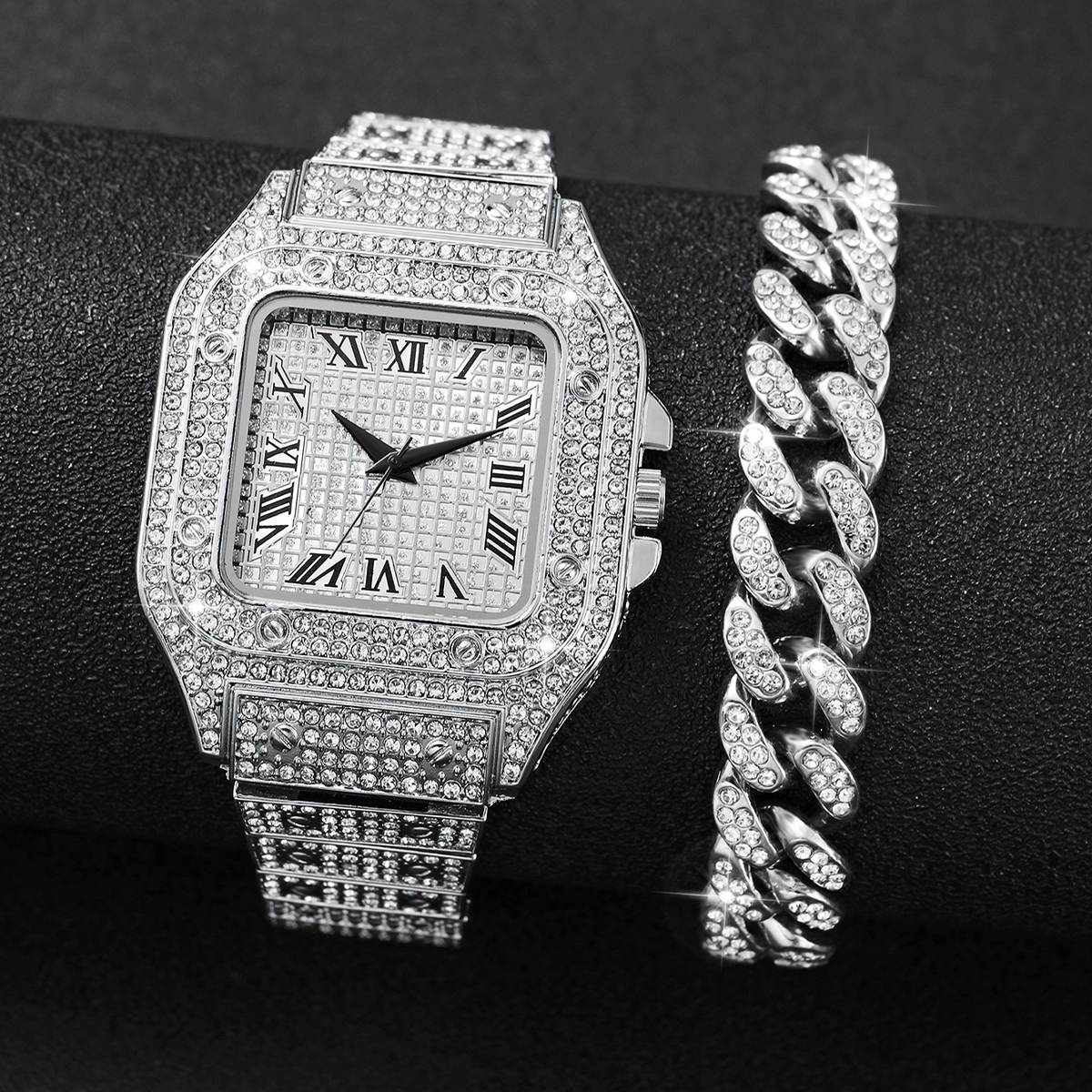 2PCS Iced Out Square Watch & C - Jewelry Watches For Men のレビューと価格