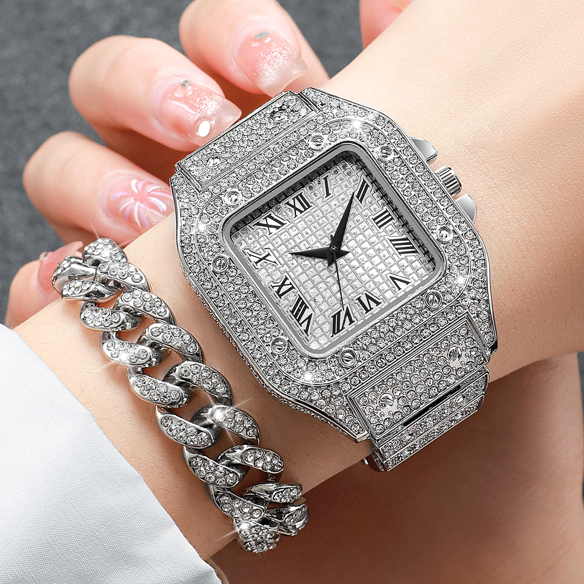 2PCS Iced Out Square Watch & C - Jewelry Watches For Men のレビューと価格