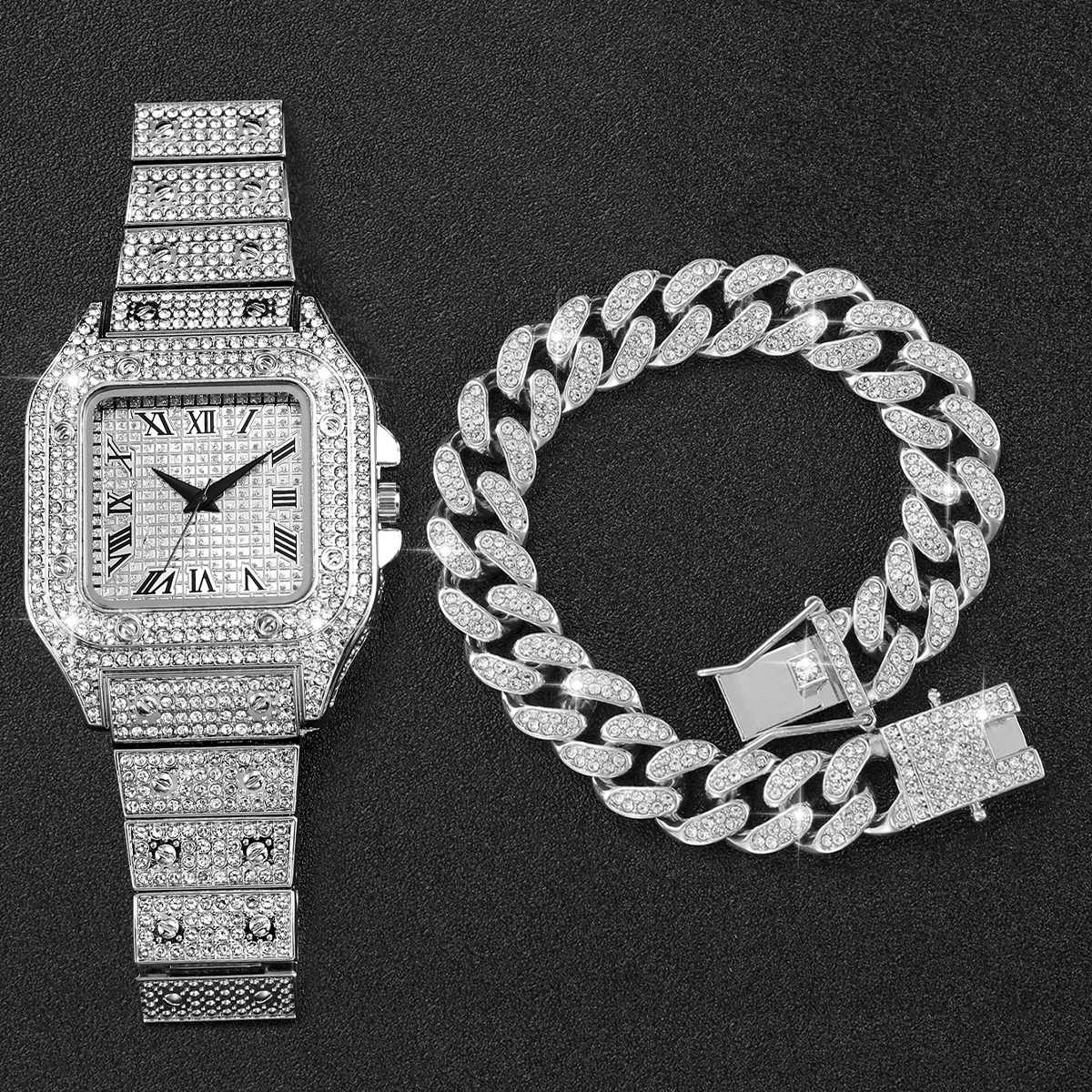 2PCS Iced Out Square Watch & C - Jewelry Watches For Men のレビューと価格