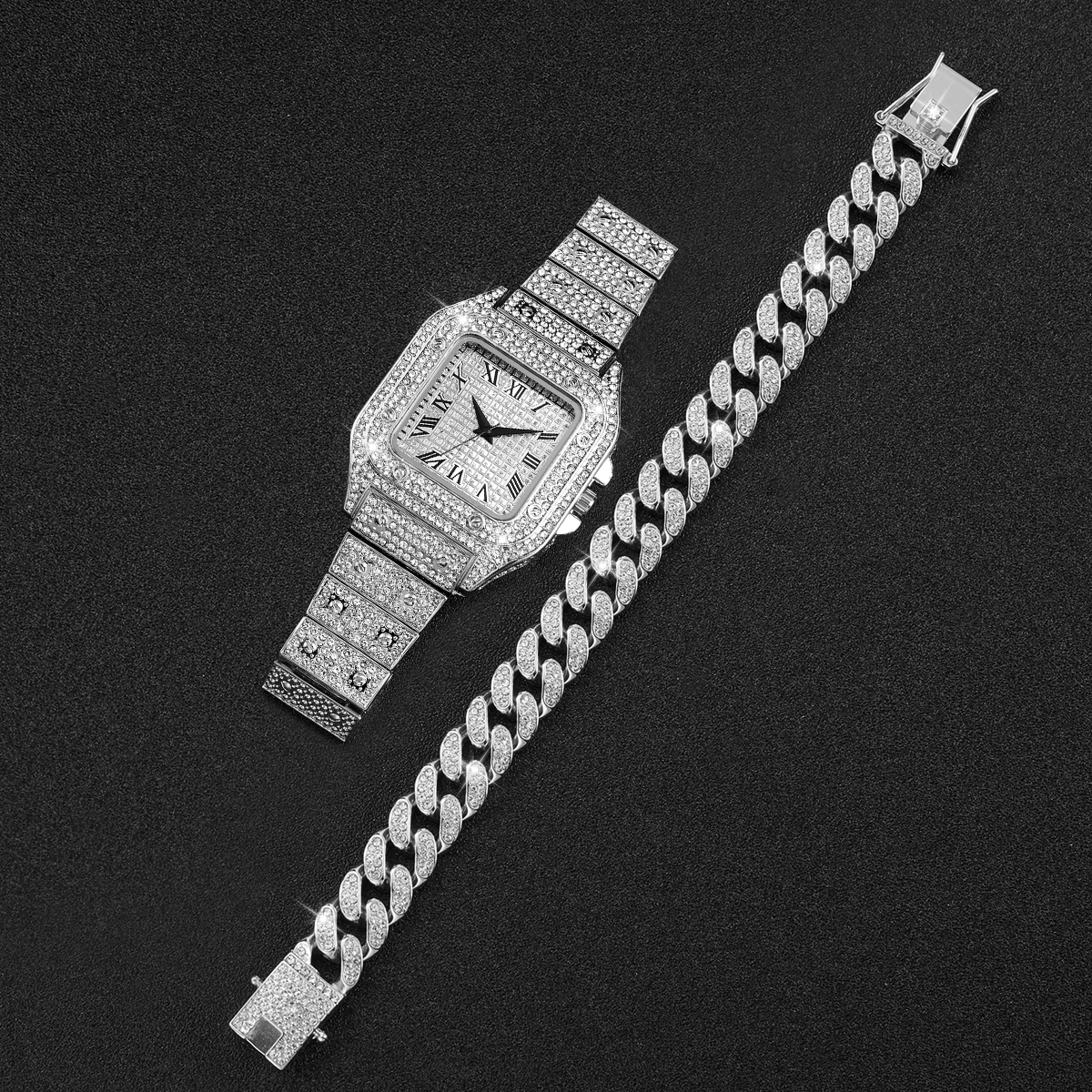 2PCS Iced Out Square Watch & C - Jewelry Watches For Men のレビューと価格