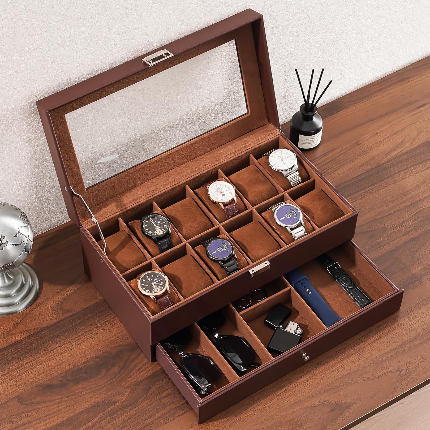 12 Slot Watch Box with Drawer, - Jewelry Watches For Men のレビューと価格