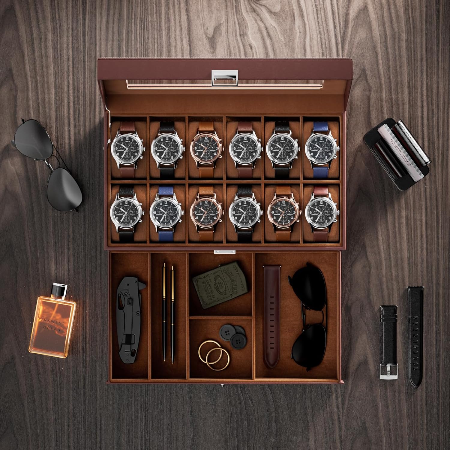 12 Slot Watch Box with Drawer, - Jewelry Watches For Men のレビューと価格