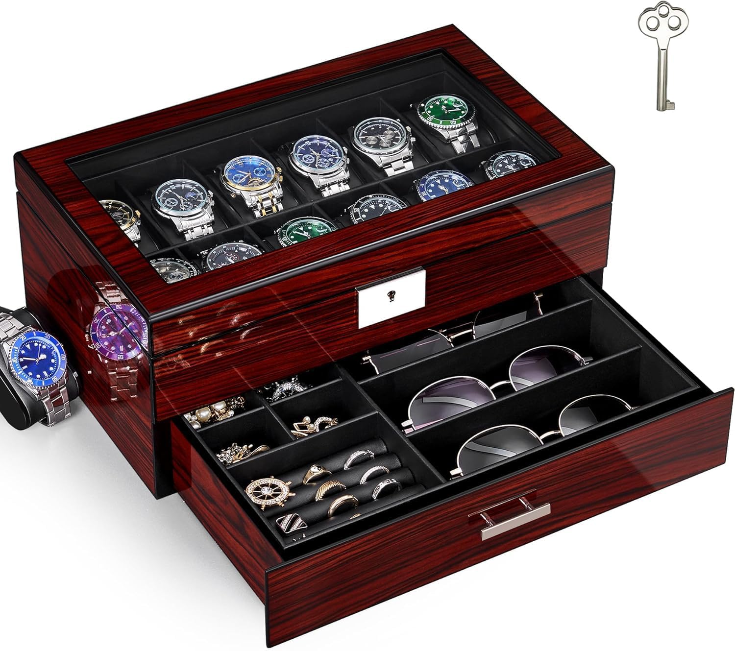 12-Slot Watch Box with Glass L - Jewelry Watches For Men のレビューと価格