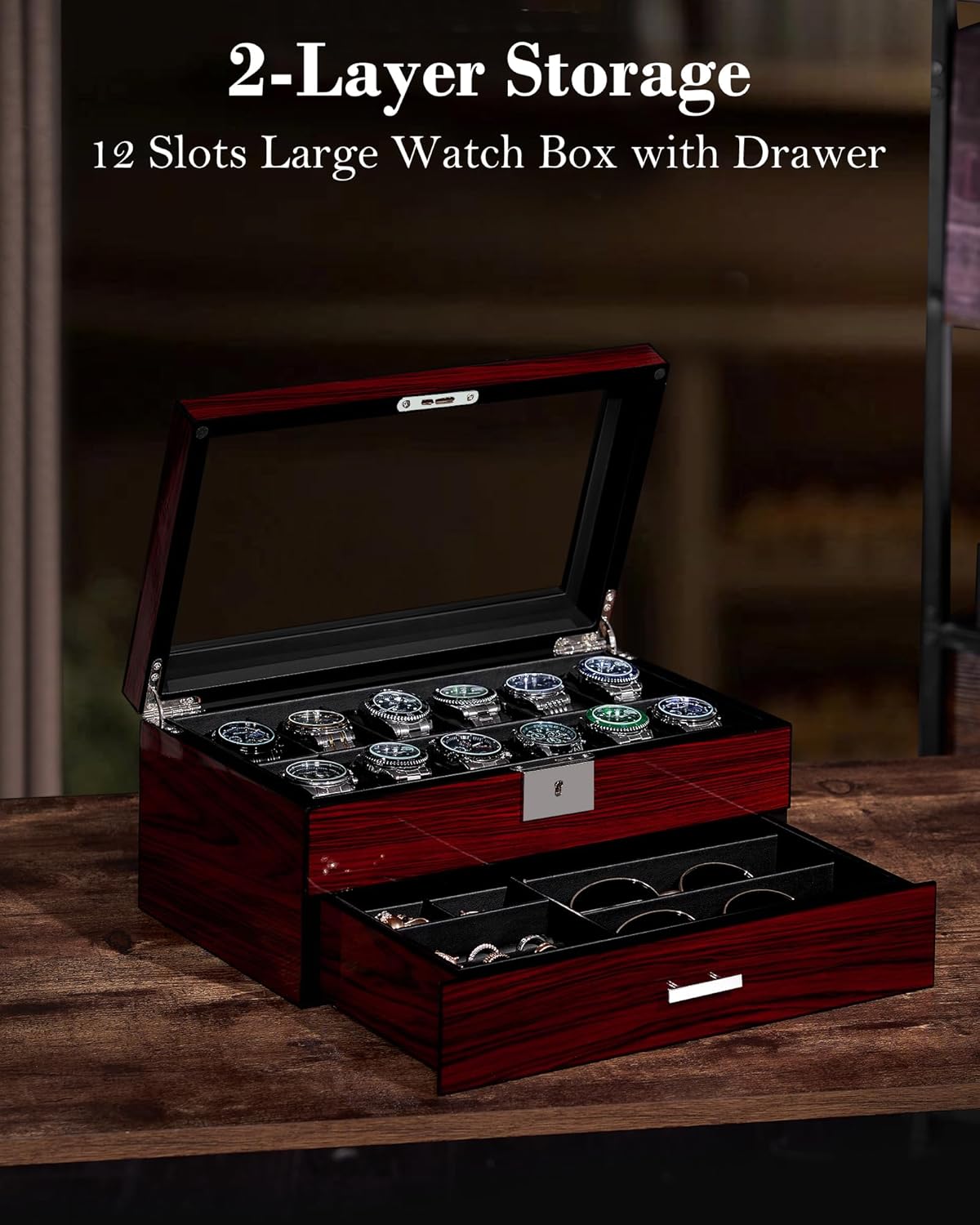 12-Slot Watch Box with Glass L - Jewelry Watches For Men のレビューと価格