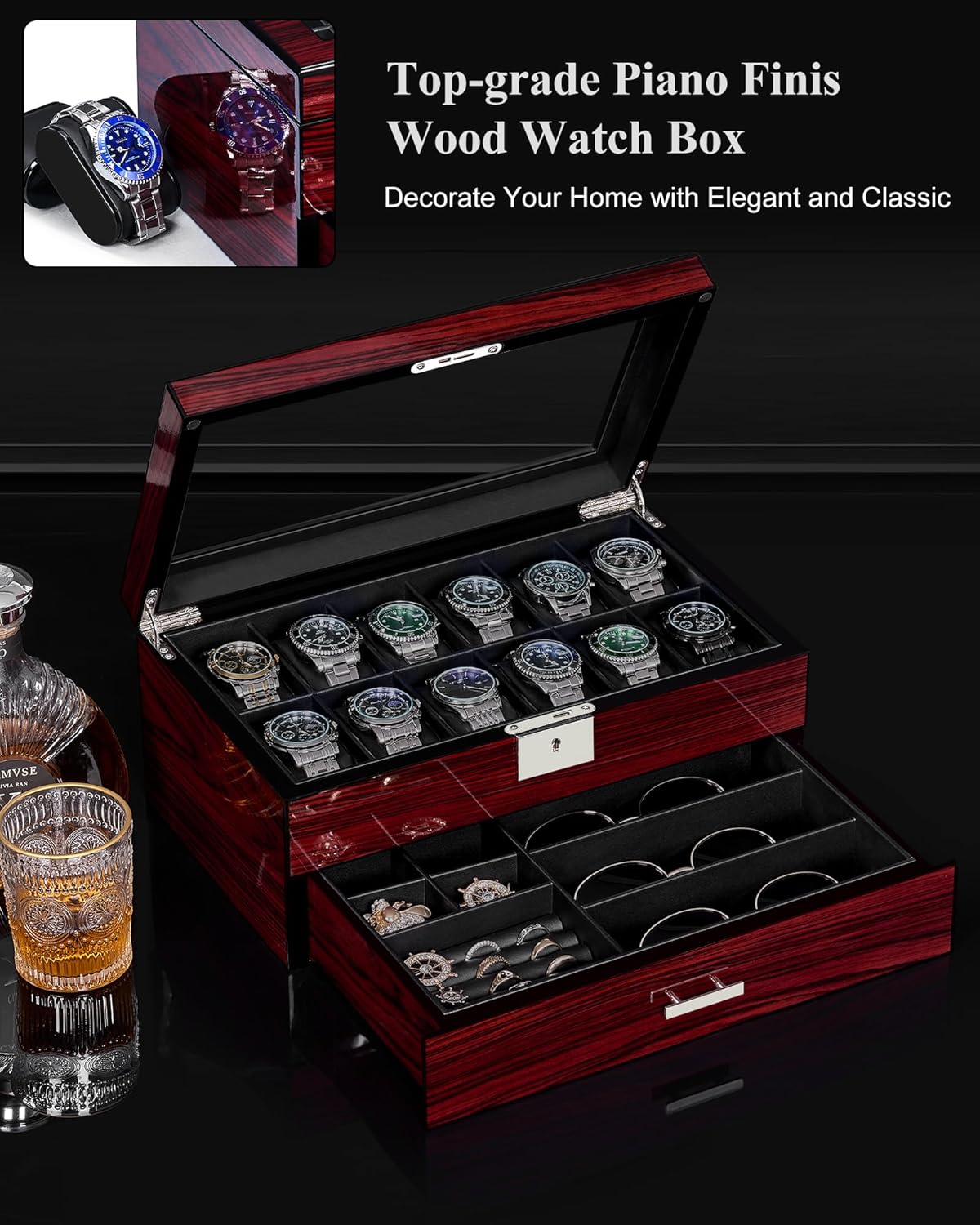 12-Slot Watch Box with Glass L - Jewelry Watches For Men のレビューと価格